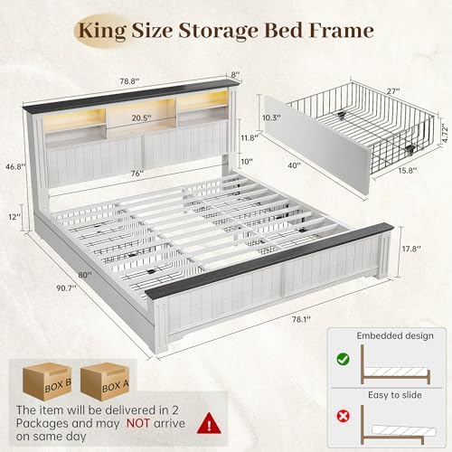 EnHomee-King Bed Frame-Storage Drawers & LED Lights