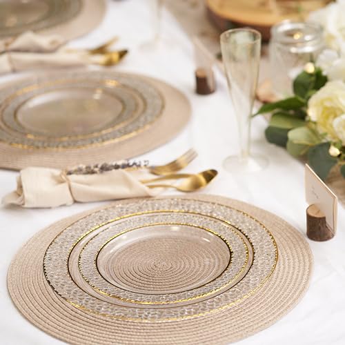 MATANA 40 Premium Hard Plastic Plates with Hammered Gold Rim - 20 x 26cm, 20 x 19cm - Reusable Gold Party Plates for Weddings, Birthdays, Christmas, Parties
