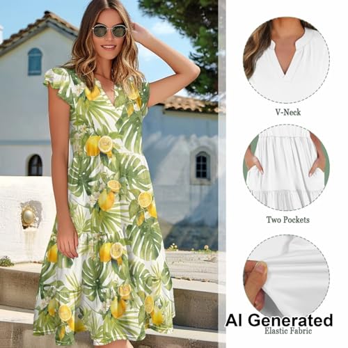 Image of Womens Summer Dress Ruffle Sleeve V Neck Dress Casual Fit Flowy Beach Vacation Sundress with Pocket S-2XL