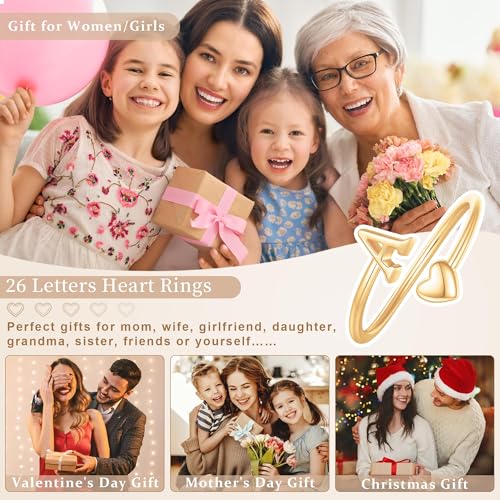 Initial Heart Rings for Women Girls - 14K Yellow/White/Rose Gold Plated Adjustable Rings for Women Non Tarnish Teen Girls Gifts Trendy Stuff Jewelry Birthday Gifts4