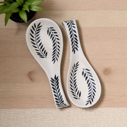 Image of Malaikah Ceramic Spoon Rest Black 2 Leaf Pack of 2 for Home, Kitchen, Dining, Kitchen Decor & Gifting