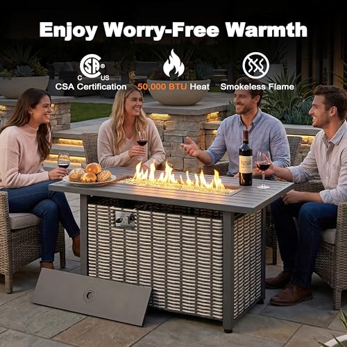 Image of Nuu Garden 43'' Propane Gas Fire Pit Rattan Outdoor Fire Pit Table 50,000 BTU Smokeless Gas Fire Pit with Lid and Glass Beads, Metal Tabletop Patio Fire Pit Table for Outside Patio Backyard, Brown