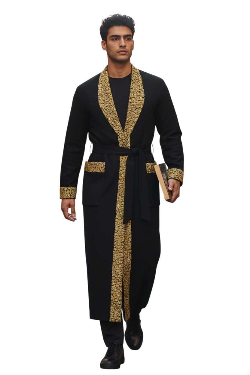 Men Woolen Nightgown Dressing Gown Sleep And Lounge Wear With Kashmiri Charming Embroidery Free Size (1, black-3)