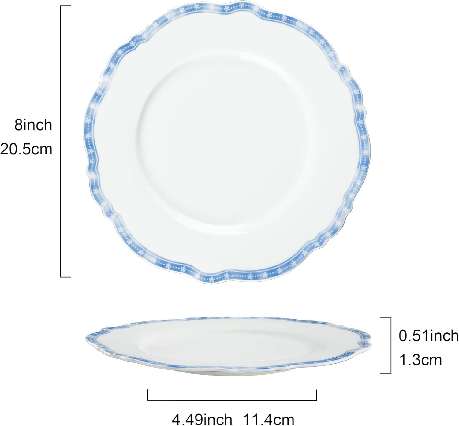 fanquare Blue Salad Plates Set, 8 Inch Plates, Porcelain Lunch Plates Set, Microwave Safe Dessert Plates, Service for 4