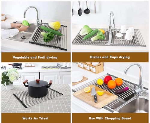 Image of HOMEZE Foldable Over The Sink Dish Drying Rack (45.5x46 cm) - Stainless Steel Roll-Up Kitchen Sink Drainer | Multipurpose Rack for Bartan, Dishes, Cups, Utensils, Fruits & Vegetables | Heat Resistant