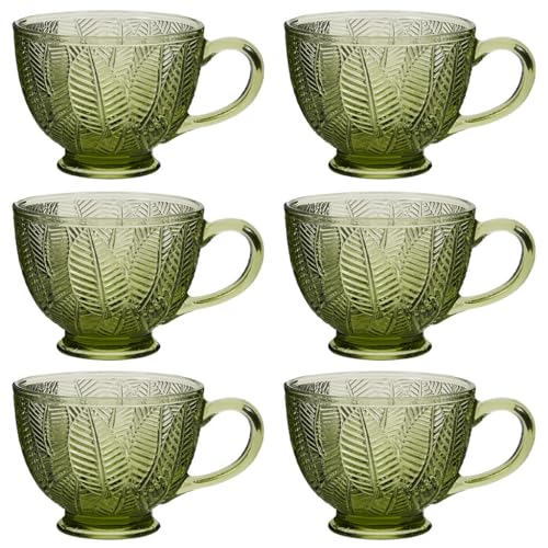 Vintage Style Glass Coffee Mugs Embossed Footed Teacup Style Cups for Tea/Coffee/Hot Chocolate Botanical Green Leaf Embossed Tea & Coffee Glasses Set with Handles Christmas Kitchen Gift Idea 400ml (6)