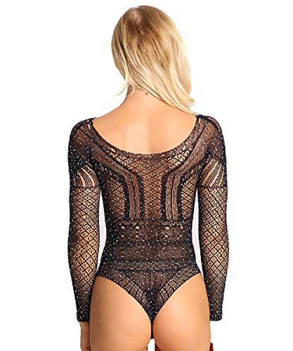 Abberrki body feminino sexy com strass brilhante Teddy arrastão manga comprida peça única, Black 1,