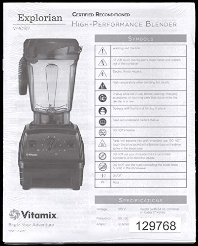 Back cover of the Vitamix First Blends guide, showing a Vitamix blender and a list of symbols and specifications related to a blender.