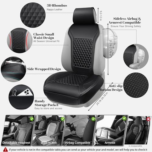 Image of 2Pack Front Car Seat Covers Leather Memory Foam Water Proof Seat Protector Universal Fit for Cars SUVs Trucks Most Vehicles, 3D Foam Rhombus Sideless, Airbag Compatible Non-Slip, 2 Pcs Black