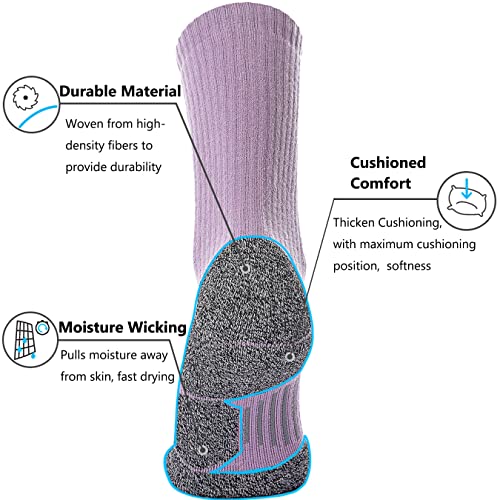 Cwvlc Hiking Crew Socks, 4-Pack Men Women Boot Socks For Walking, Hunting, Camping, Winter Outdoor Work, Cosy Cushion, Moisture Wicking, Arch Compression, Anti Blister, Large, Blue Purple #TOP3