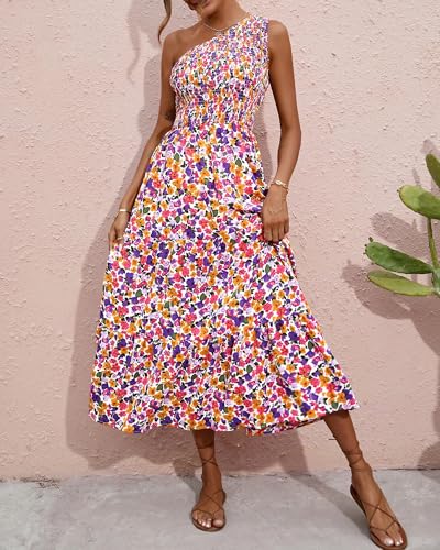 BTFBM 2025 Summer One Shoulder Dresses for Women Casual Sleeveless High Waist Floral Flowy Smocked Boho Beach Maxi Dress4