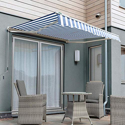 Primrose 3.0m x 2.5m Manual Awning Half Cassette DIY Patio Awning Gazebo Canopy Waterproof UV Protection Complete with Fittings and Winder Handle (Blue and White Stripe)