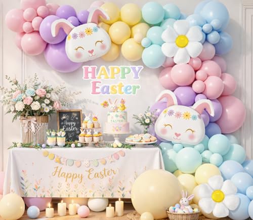 Beaumode Pastel Easter Balloon Arch Garland Kit 158pcs Spring Bunny Daisy Garden Baby Shower Girls Birthday Egg Hunt Party Decorations (Pastel)