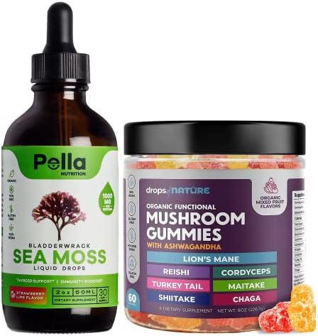 Pella Nutrition Sea Moss Organic Liquid Drops | Organic Lions Mane Mushroom Gummies | Bundle