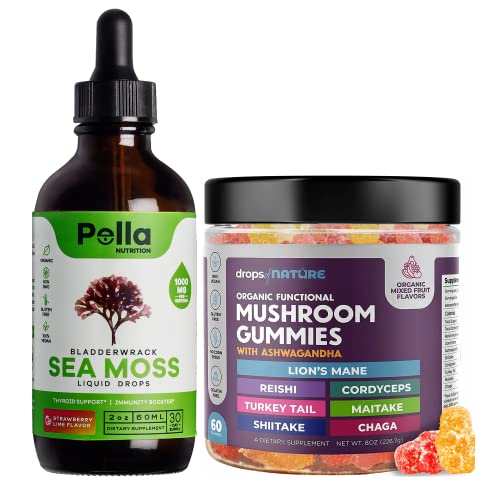Pella Nutrition Sea Moss Organic Liquid Drops | Organic Lions Mane Mushroom Gummies | Bundle #TOP11