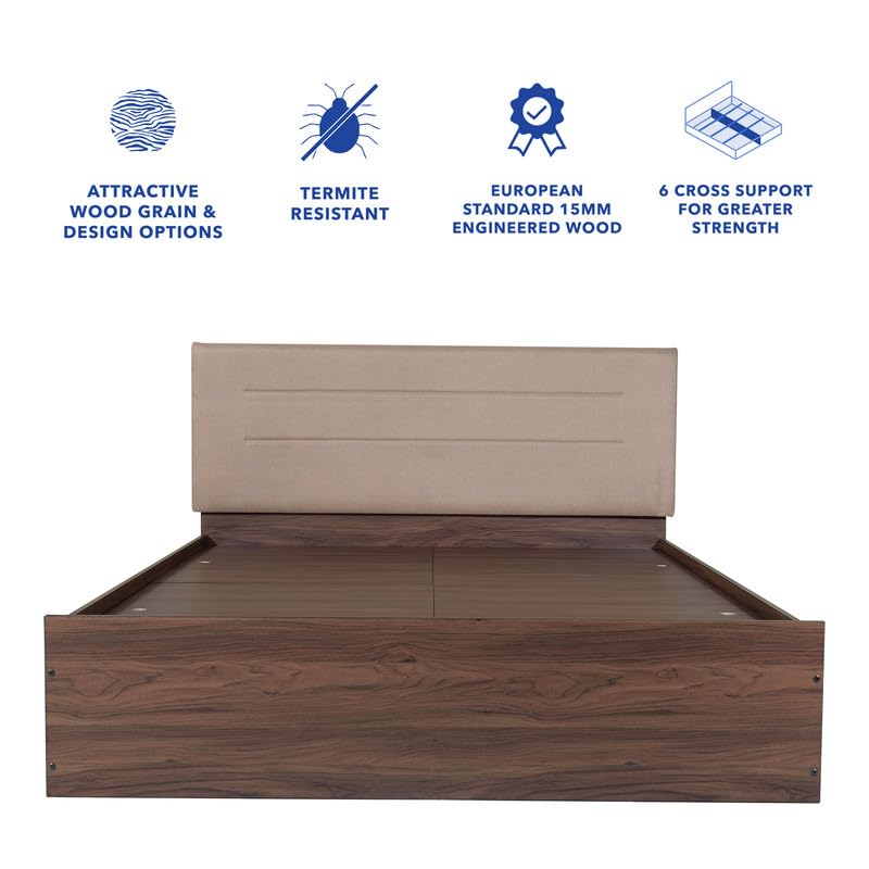 Image of Amazon Brand - Solimo Bed | 1 Year Warranty | Double Bed, Queen Size, Bakhti Premium Upholstery, Comfortable Seating Height Bed, Non-Woven Base & 3mm MDF, Walnut Colour (Melamine Finish)