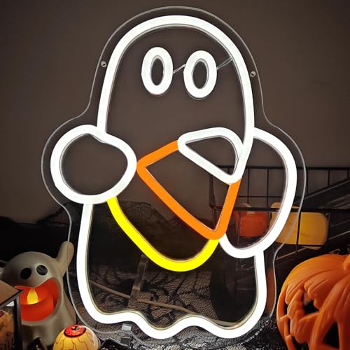 Image of Halloween Neon Sign Dimmable Candy Corn Neon Sign for Wall Decor Ghost Neon Window Light Sign Led Halloween Candy Corn Ghost Decoration for Indoor, Bedroom, Kids Room, Halloween Party, white