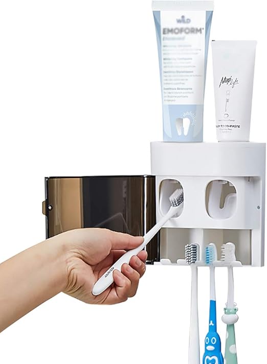 StAider Wall-Mounted Electric Toothbrush Holder with Two Toothpaste squeezers and Toothbrush Storage Box. Automatic Dispenser with dust Cover, Suitable for Bathroom