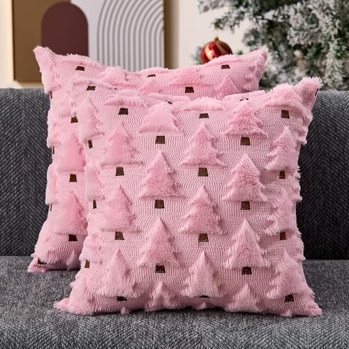 Image of Allorry Christmas Pillow Covers 20x20 inch Set of 2 Pink Christmas Decorations Soft Plush Faux Fur Wool Christmas Tree Throw Pillow Cases Winter Holiday Decor for Sofa Living Room PT002E20