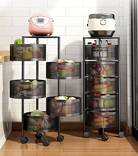 Image of HomeWiz 5-Layer Round Kitchen Trolley | Movable Storage Organizer for Fruits & Vegetables | Perforated Mesh Baskets with Solid Flat Top | Multipurpose Rack for Onion & Potato | Rust-Resistant | Black