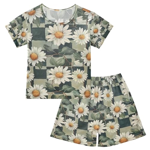 ALAZA Daisy Flowers Geometric Pajama Set Short Sleeve Sleepwear Soft Lounge Nightwear