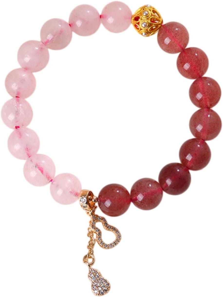 DorkTees (C1600粉晶晶手链) 天然水晶粉晶晶流苏葫芦 Fengshui Jade Bracelet Lucky Charm 手链时尚原创桃花粉女款爱情手串