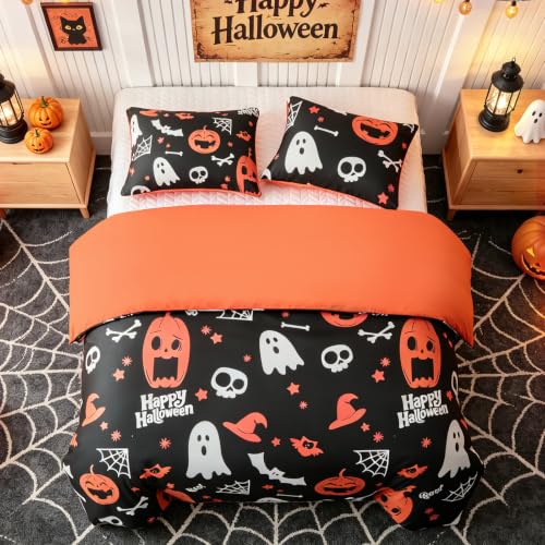 Image of Lekesky Halloween Black Duvet Cover King Size, Pumpkin and Ghost | Zipper Closure, 8 Interior Ties, Ultra Soft Microfiber Breathable, Machine Washable, 104 inch X 90 inch,with 2 Pillowceses 20 inch X 36 inch