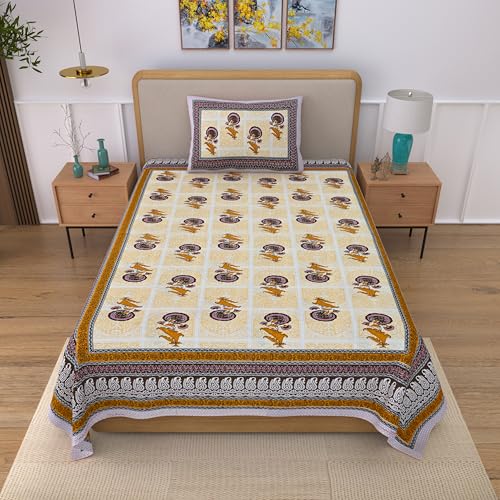 Image of 100% Cotton Single Bedsheet with 1 Pillow Cover | 240 TC Pure Cotton Flat Bed Sheet | Traditional Jaipuri Printed Bedding Set | Soft & Breathable | 60 x 90 Inch (Rangmahal Single 04)