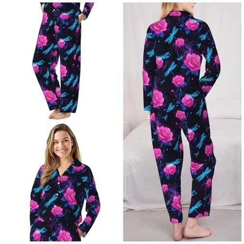 Image of Women'S Long Sleeve Pajama Set Soft Loungewear Button-Down Top & Elastic Waist Pants S- 2XL