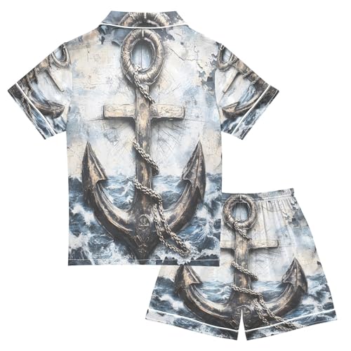 ALAZA Anchor Retro Vintage Satin Pajamas Set Short Sleeve Button Down Sleepwear Summer Pjs 2 Piece2