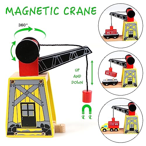 Qilay 39 Pcs Wooden Train Tracks With Crane, Bridge & 5 Wooden Trains - Train Toys For 3,4,5 Year Old Boys & Girls - Fit All Major Bands Train Tracks Set thumb #2