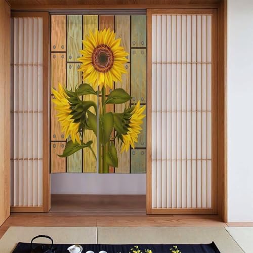 木の板にひまわり カーテン のれん シェードカーテンン 和風 遮光 断熱防寒 目隠し 部屋仕切り 玄関 ドアカーテン 壁掛け 間仕切り 柔らかい 飾り 四季兼用 86x143 Cm