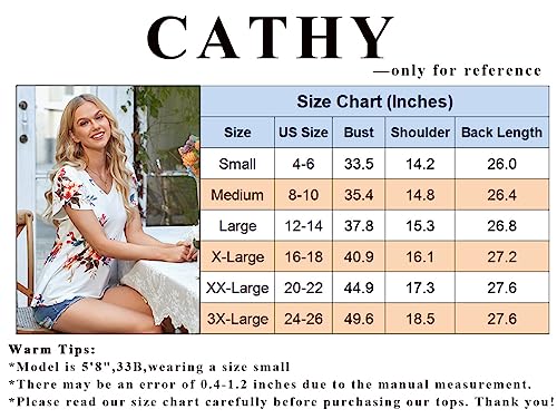 Cathy 2023 Womens Summer Tunics Short Sleeve Casual T-Shirts V Neck Loose Comfy Tops Cute Blouse Floral White Lily Medium #TOP3