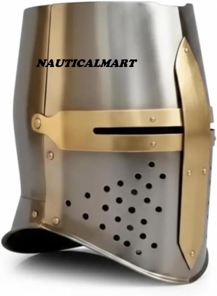 Medieval Templar Knight Full Plate Armor Set- Handmade 18 Gauge Steel Wearable Helmet, Breastplate & Backplate, Shield, Suit of Armour, Brass Finish for Halloween & LARP, Costume