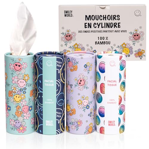 SmileyWorld - Lote de 4 - Pañuelos de Papel 100% Bambú en Cilindro – 3 Capas Suaves y Resistentes – Caja Dispensadora Compacta para Coche, Casa, Oficina y Viaje - 160 pañuelos