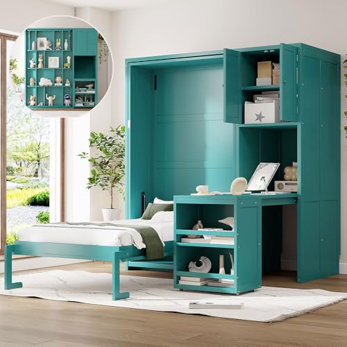 THINK 30 Twin Size Murphy Bed with Cabinet & Desk – Space Saving Foldable Wall Bed for Kids, Guest, Living Room | Hideaway Bed with Bookshelf, Storage & Extendable Workstation (Teal)