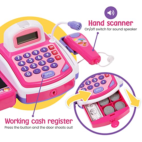 Prextex Elektronische Kinderkasse mit Spielgeld für Kinder -Spielkasse mit Scanner und Sound für Rollenspiele mit… – Bild 4