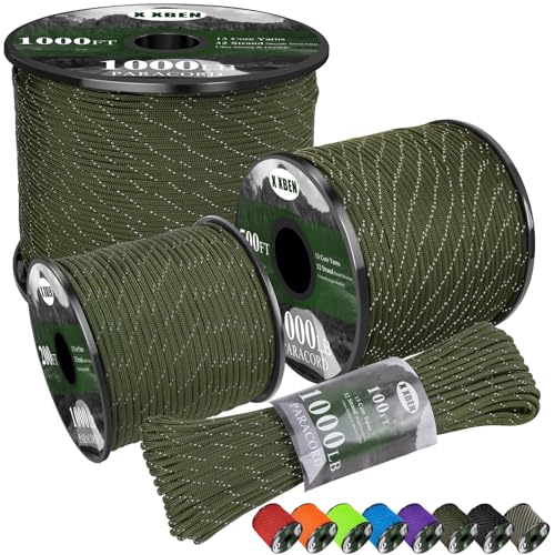 X XBEN Paracord Reflective 1000lb, 50/100/200/500/1000ft 4mm, 13 Strand Paracord Rope, Tactical Parachute Cord for Camping, Fishing, Clothesline, Hammock, Tent & Survival Bracelet, Army Green