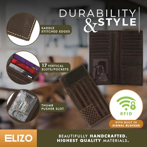 Image of ELIZO Leather Long Wallet for Men Western Wallet Rodeo Mens Wallet Flat Bifold Wallets for Men Biker Billfold Wallet for Men Cowboy Wallet RFID Wallet for Men with Credit Card Holder
