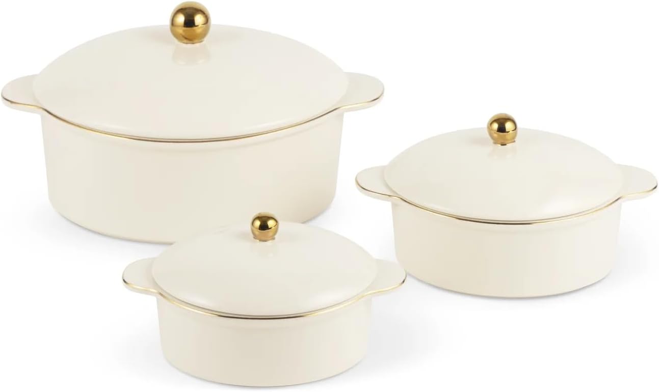 3-Piece Cream Ceramic Casserole Set with Gold-Tone Accents, Versatile Bakeware for Baking, Serving & Simmering, Even Heat Distribution Durable Kitchen Dish Set
