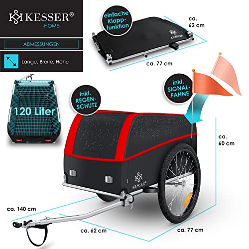 KESSER® Fahrradanhänger Lastenanhänger Transportanhänger Hochdeichsel mit Kupplung Hochdeichsel Anhänge für Fahrrad Transportbox 120 Liter Inkl. Regenschutz mit Klappfunktion & Fahne 40Kg Rot