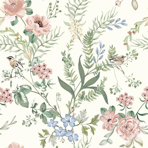 GloryTik Floral Peel and Stick Wallpaper, Vintage Botanical Removable Wallpaper, Self Adhesive Cottagecore Flower Contact Paper for Bedroom Bathroom Cabinets Decor Vinyl 17.3" X 120"