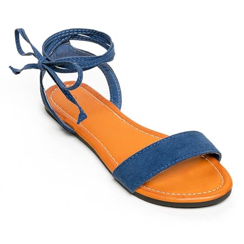 Soles & Souls Lace Up Open Toe Ankle Strap Flat Sandals For Women Navy Blue 07 #TOP17