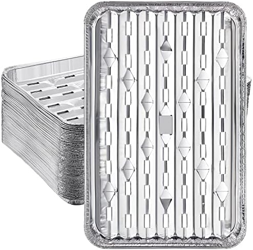 SEEWEY 50 Pcs Aluminum Broiler Pans 13.4 x 8.8 x 0.7 Inch Disposable Aluminum Foil Pans with Holes Aluminum Grill Liner Topper with Ribbed Bottom Surface for BBQ Grilling Trays Foil Grill Drip Pans