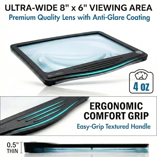 MagniPros 5X Rechargeable Large Ultra Bright LED Page Magnifier with Anti-Glare Lens & 3 Color Dimmable Light Modes, Relieve Eye Strain- Ideal for Reading Small Prints, Low Vision, Seniors