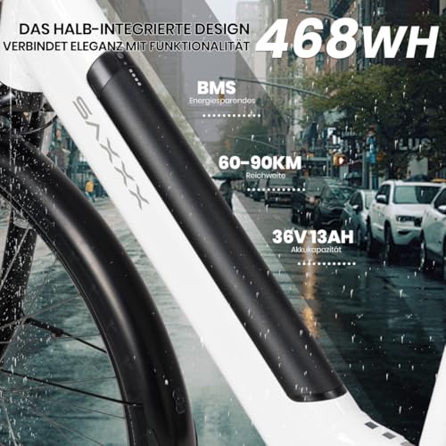 SAXXX E Bike Damen 28 Zoll Tiefeinsteiger mit 36V 13Ah Akku, Elektro Fahrrad Erwachsene mit Scheibenbremse, 7 Gang Kettenschaltung Pedelec mit Federgabel, Gepäckträger für Damen/Frauen Herren/Männer – Bild 4