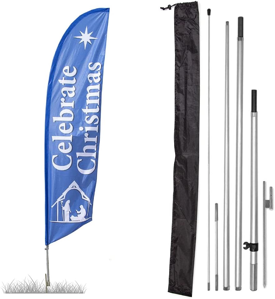 Vispronet Premium Celebrate Christmas Feather Flag Kit - Includes 13ft Sectional Aviation Grade Fiberglass Poles, Swooper Flag, Ground Stake, and Pole Sleeve Bag…
