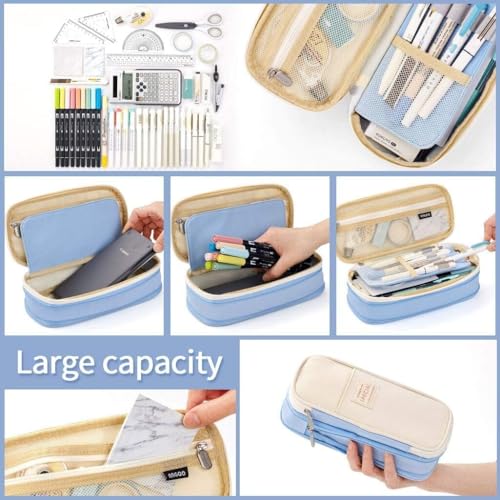 Image of Kawaii Cute Aesthetic Pencil Case for Girls & Boys | 3 Layer 6 Compartment Large Capacity Pencil Pouch with Zipper | Cartoon Stationery Organizer Bag for Students & Kids (Special 1 (Blue))