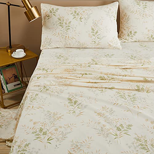 Fadfay Floral Leaves Bed Sheet Set King, Premium 100% Cotton 600 Tc Green & Cream Flower Bedding Botanical Printed Farmhouse Super Soft Breathable Deep Pocket Fitted Sheet 4Pcs, King #TOP2