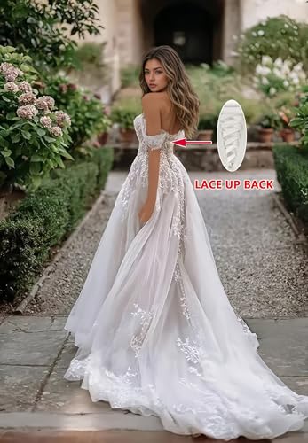 Off Shoulder Tulle Wedding Dresses 2025 A Line Lace Applique V Neck Bridal Gowns with Train for Brides4